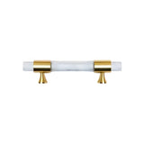 "White marble pull bar with gold brass accents, isolated on a white background."