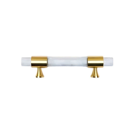 "White marble pull bar with gold brass accents, isolated on a white background."