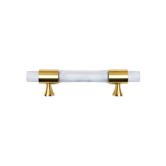 "White marble pull bar with gold brass accents, isolated on a white background."