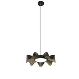 "Sculptural pendant light with a wave-like iron frame and acrylic diffuser, creating a statement piece for modern interiors."