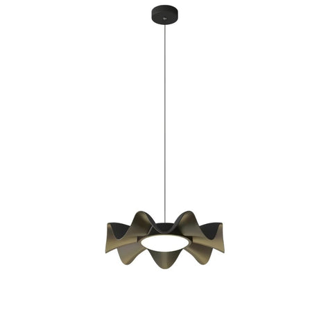 "Sculptural pendant light with a wave-like iron frame and acrylic diffuser, creating a statement piece for modern interiors."