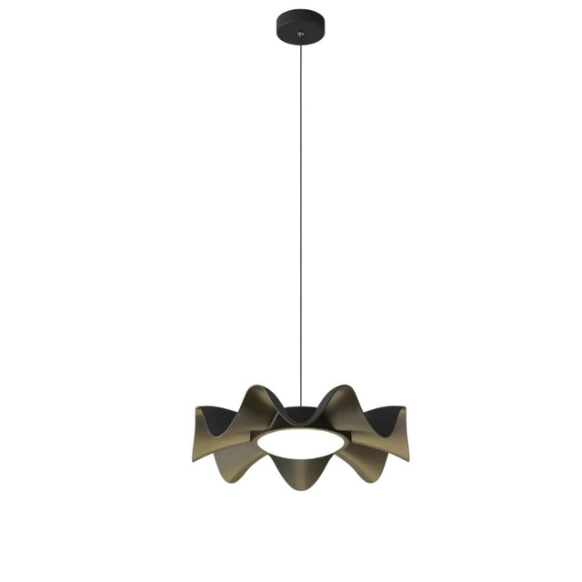 "Sculptural pendant light with a wave-like iron frame and acrylic diffuser, creating a statement piece for modern interiors."