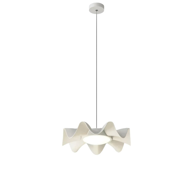 "Sculptural white pendant light with a wave-like iron frame and acrylic diffuser, blending artistic fluidity with modern elegance."