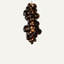 Black spherical cluster chandelier with warm brass accents suspended against white background.