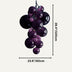 Purple glass globe chandelier with hanging cord displayed against white background with dimensions labeled.