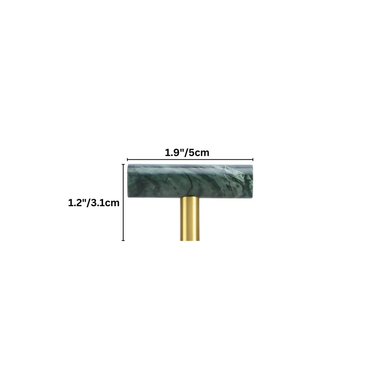 "Dimensions of a green marble and brass knob, suitable for cabinetry and furniture."