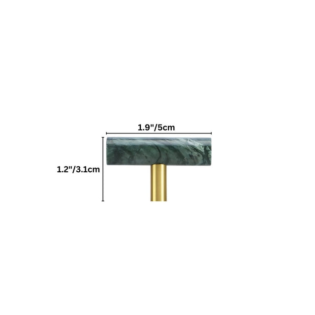 "Dimensions of a green marble and brass knob, suitable for cabinetry and furniture."