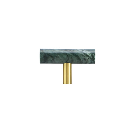  "A green marble knob with a polished brass stem, suitable for cabinets and drawers."