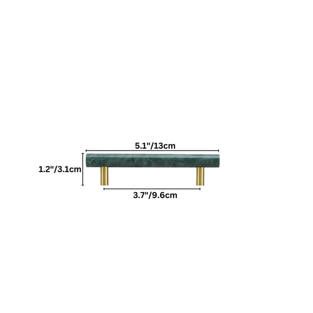 "Dimensions of a green marble and brass pull bar for cabinetry and furniture."
