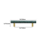 "Dimensions of a green marble and brass pull bar for cabinetry and furniture."