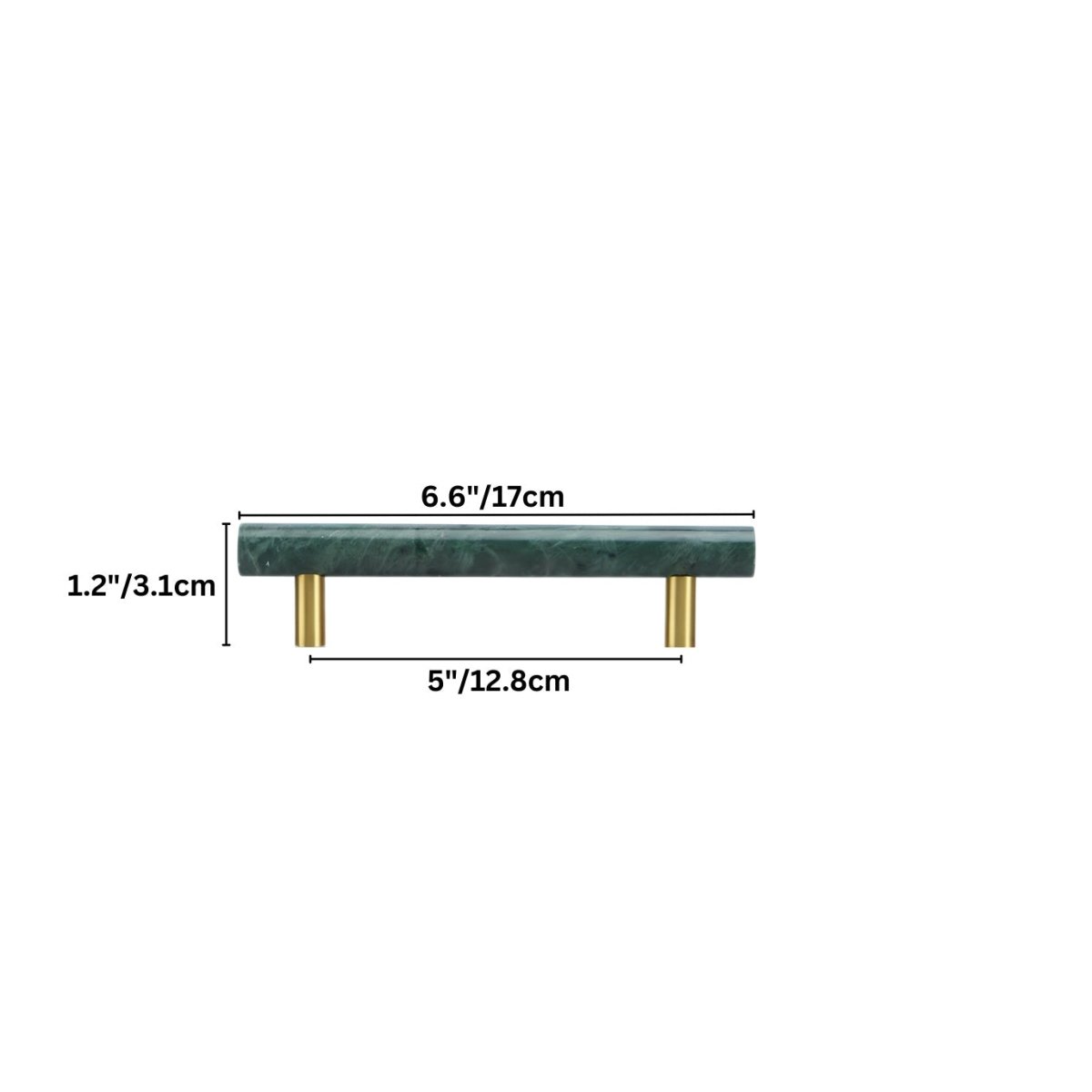 "Dimensions of a green marble and brass pull bar for cabinetry and furniture."