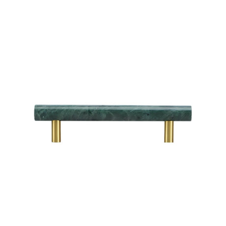 "A green marble pull bar with polished brass mounts, suitable for modern cabinetry."