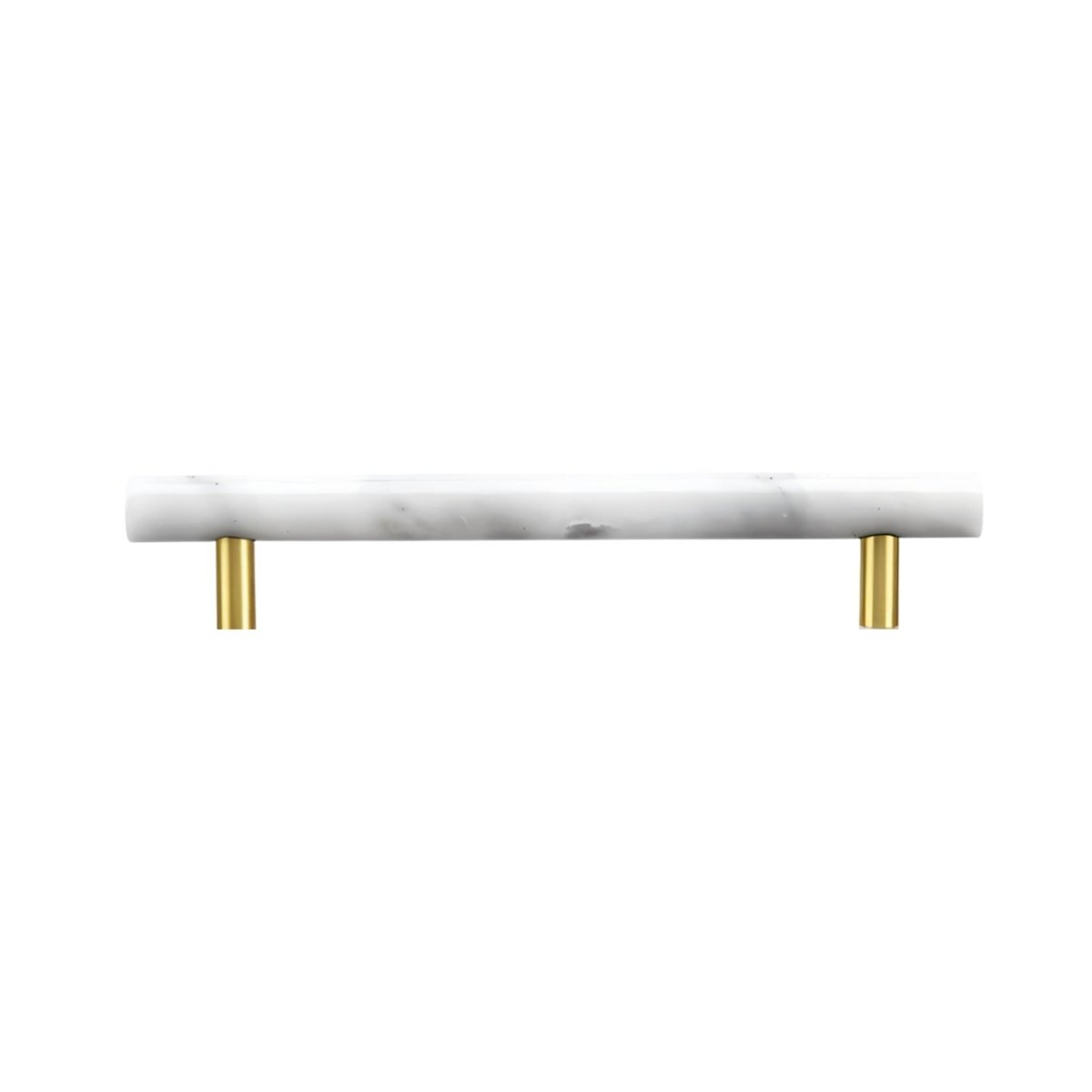  "A white marble pull bar with polished brass hardware, ideal for contemporary cabinetry."