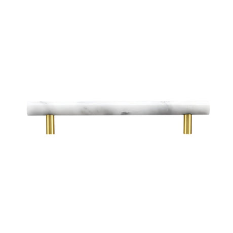  "A white marble pull bar with polished brass hardware, ideal for contemporary cabinetry."