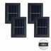 Four black solar wall lamps with blue solar panels and white charging indicators displayed against white background.