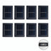 Eight black solar wall lamps with blue solar panels displayed in a grid layout with a detail inset showing the indicator light.