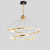 Brass round chandelier with two illuminated curved rings suspended from a ceiling mount against a white background.