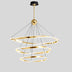 Gold LED chandelier with three stacked oval rings suspended from black ceiling canopy against white background.
