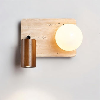 "Wall-mounted bedside reading lamp with a wooden base, cylindrical spotlight, and soft-glow glass globe"