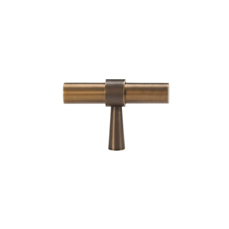 "Antique brass pull bar with cylindrical design and subtle accents, isolated on a white background."