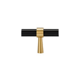 "Black and gold brass pull bar with cylindrical design and subtle accents, isolated on a white background."