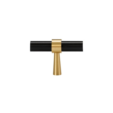 "Black and gold brass pull bar with cylindrical design and subtle accents, isolated on a white background."