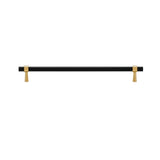 "Long black and gold brass pull bar with cylindrical design and subtle accents, isolated on a white background."