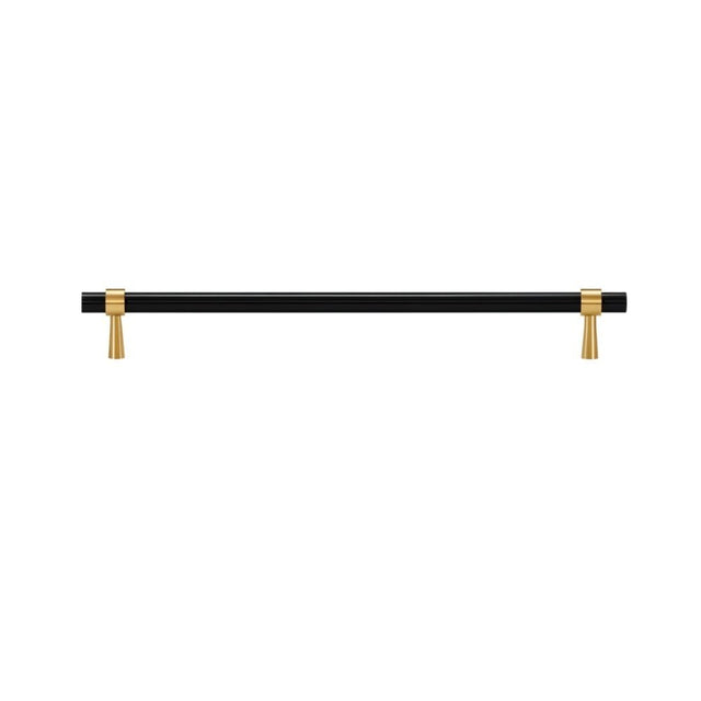 "Long black and gold brass pull bar with cylindrical design and subtle accents, isolated on a white background."