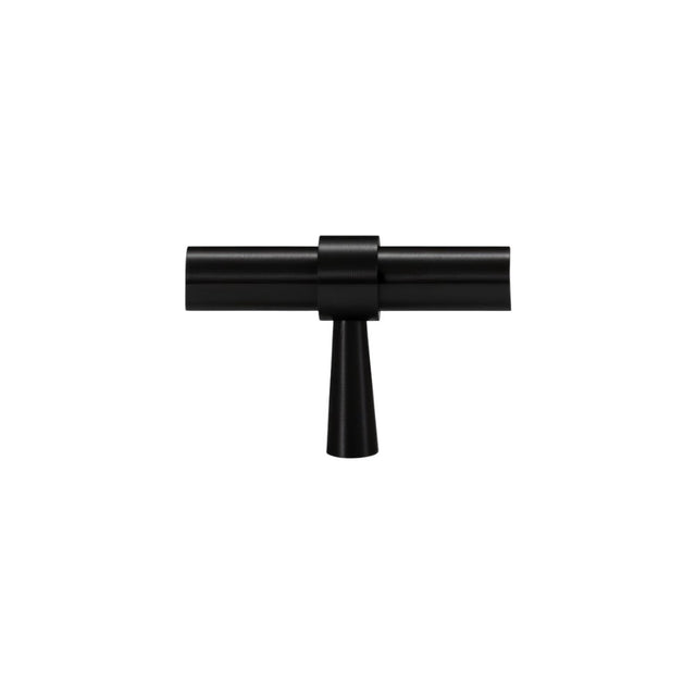 "Black brass pull bar with cylindrical design and subtle accents, isolated on a white background."
