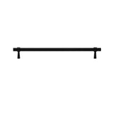 "Long black brass pull bar with cylindrical design and subtle accents, isolated on a white background."