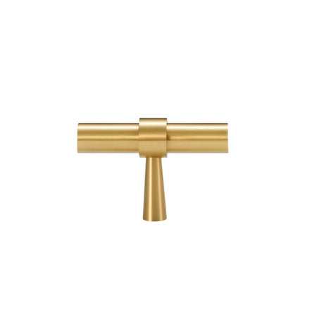 "Gold brass pull bar with cylindrical design and subtle accents, isolated on a white background."