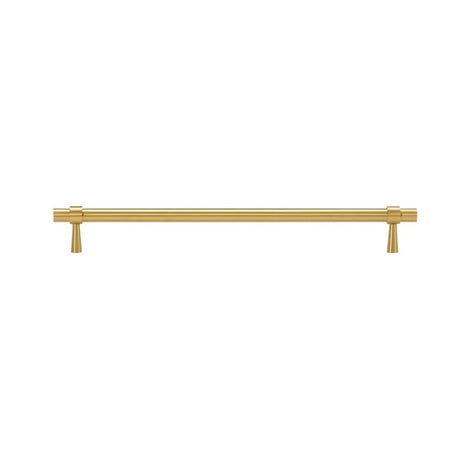 "Long gold brass pull bar with cylindrical design and subtle accents, isolated on a white background."