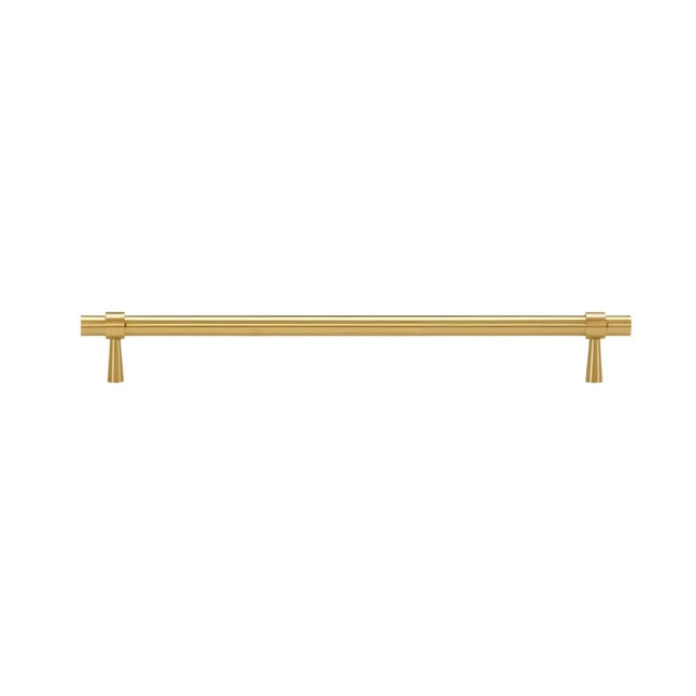 "Long gold brass pull bar with cylindrical design and subtle accents, isolated on a white background."
