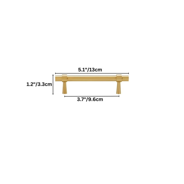 "Dimensions of a gold brass pull bar: 5.1 inches in length, 1.2 inches in height, and 3.7 inches in center-to-center hole spacing."