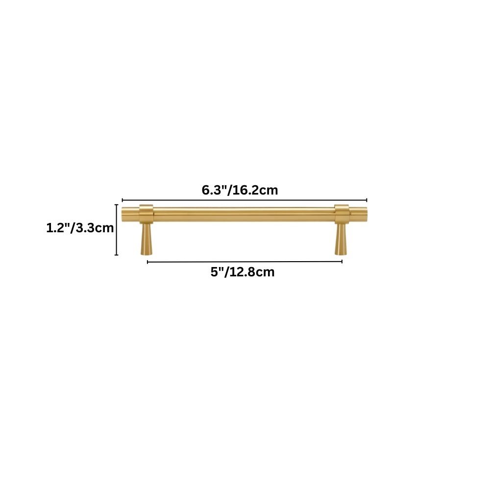 "Dimensions of a gold brass pull bar: 6.3 inches in length, 1.2 inches in height, and 5 inches in center-to-center hole spacing."