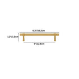 "Dimensions of a gold brass pull bar: 6.3 inches in length, 1.2 inches in height, and 5 inches in center-to-center hole spacing."