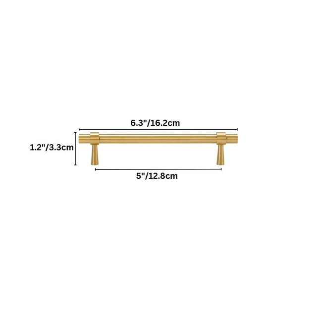 "Dimensions of a gold brass pull bar: 6.3 inches in length, 1.2 inches in height, and 5 inches in center-to-center hole spacing."
