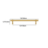 "Dimensions of a gold brass pull bar: 7.8 inches in length, 1.2 inches in height, and 6.2 inches in center-to-center hole spacing."