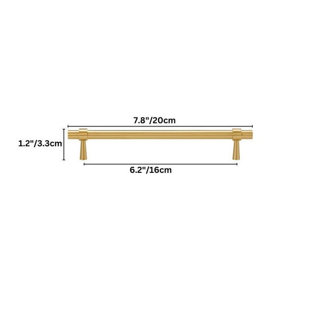 "Dimensions of a gold brass pull bar: 7.8 inches in length, 1.2 inches in height, and 6.2 inches in center-to-center hole spacing."