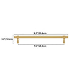 "Dimensions of a gold brass pull bar: 9.2 inches in length, 1.2 inches in height, and 7.5 inches in center-to-center hole spacing."