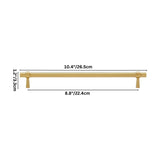 "Dimensions of a gold brass pull bar: 10.4 inches in length, 1.2 inches in height, and 8.8 inches in center-to-center hole spacing."