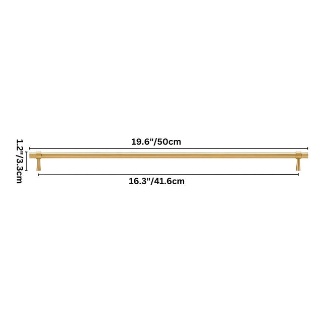 "Dimensions of a gold brass pull bar: 19.6 inches in length, 1.2 inches in height, and 16.3 inches in center-to-center hole spacing."
