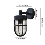 "Black outdoor wall lamp with a cylindrical glass casing, showing dimensions in inches and centimeters on a white background."