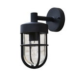 "Black Siam outdoor wall lamp with a cylindrical glass casing, isolated on a white background."