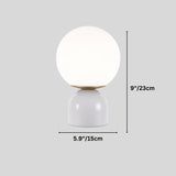 Sibwa Table Lamp with white base and globe, shown with dimensions 23cm height and 15cm width, ideal for compact lighting needs.
