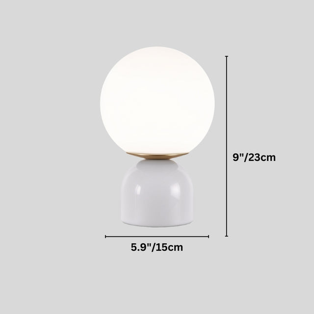 Sibwa Table Lamp with white base and globe, shown with dimensions 23cm height and 15cm width, ideal for compact lighting needs.
