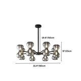 "Black iron Silvine chandelier with smoked glass spherical shades and dimensions showing 19.6 inches/50 cm height, 9 inches/23 cm shade height, and 31.4 inches/80 cm width."