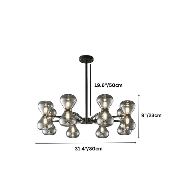 "Black iron Silvine chandelier with smoked glass spherical shades and dimensions showing 19.6 inches/50 cm height, 9 inches/23 cm shade height, and 31.4 inches/80 cm width."