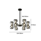 "Black iron Silvine chandelier with smoked glass spherical shades and dimensions showing 19.6 inches/50 cm height, 9 inches/23 cm shade height, and 23.6 inches/60 cm width."