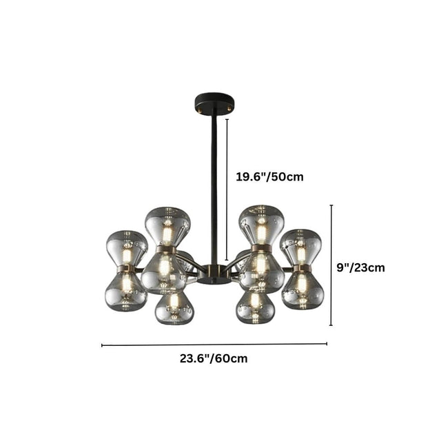 "Black iron Silvine chandelier with smoked glass spherical shades and dimensions showing 19.6 inches/50 cm height, 9 inches/23 cm shade height, and 23.6 inches/60 cm width."